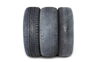 old worn damaged tires isolated on white background - 755127398