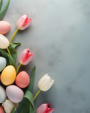 Easter eggs and tulips on a studio background. Happy Easter top view template