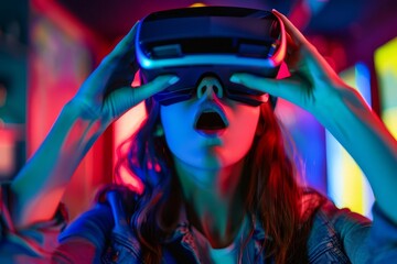 Amazed young woman exploring virtual reality Showcasing the immersive experience and potential of vr in gaming and futuristic entertainment