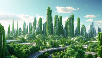 Green megapolis with tech elements: the future of sustainable city - obrazy, fototapety, plakaty