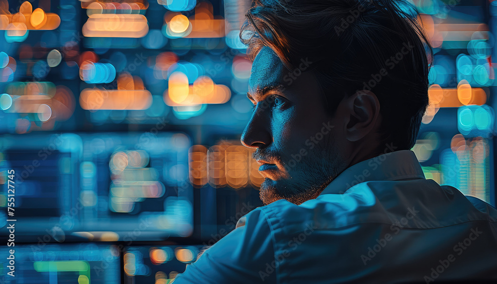 Fototapete A man operational Security and Supervision of IT Infrastructures. Generative AI.