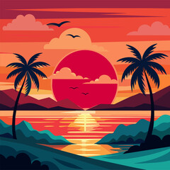 Minimalist Summer Sunset Flat Vector Illustration, T-shirt Design, Tranquil Ocean Horizon Landscape, Serene Dusk Skyline Print design
