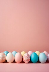 Vertical banner with hand-painted colorful Easter eggs with different patterns on soft pink background with copy space for greeting text. Empty poster with pastel colored eggs for Easter holiday.