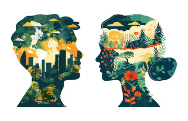 Double exposure cityscape landscape vector concepts. looking each other man woman profile silhouettes, urban clouds skyline, forest trees nature flowers plants elements, illustrations isolated on whit - obrazy, fototapety, plakaty