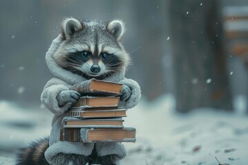 In a world of pastel colors and whimsical stories, a baby raccoon nurse navigates giant medical books, her determination far exceeding her size. - obrazy, fototapety, plakaty