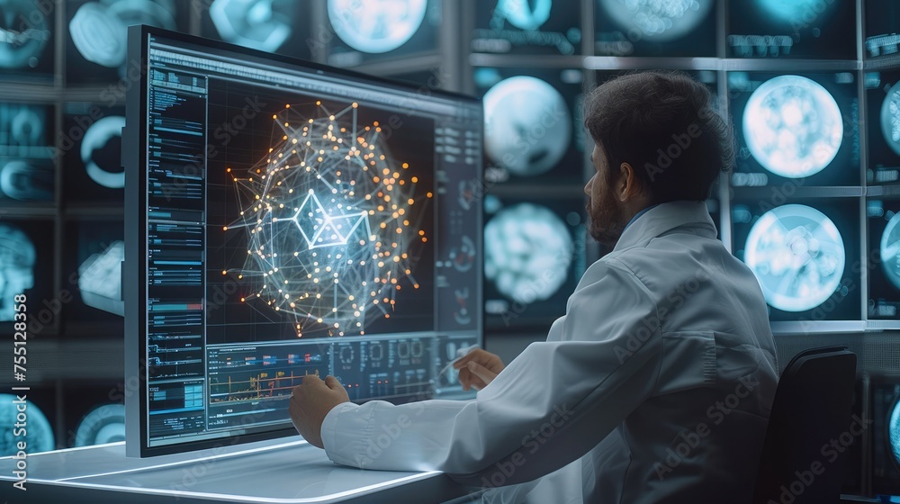 Poster A researcher sitting in a modern high-tech laboratory, intensely focused on a large screen displaying complex quantum computing algorithms. Generative AI.