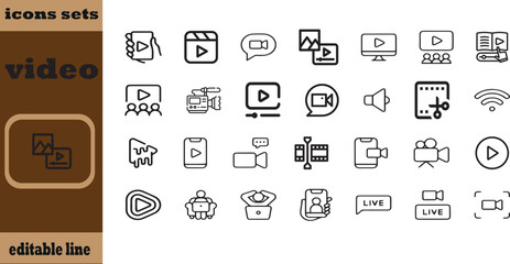 Video icon set. Containing camera, play, pause, media, online video, live, production, player, movie and cinema icons. Solid icon collection.