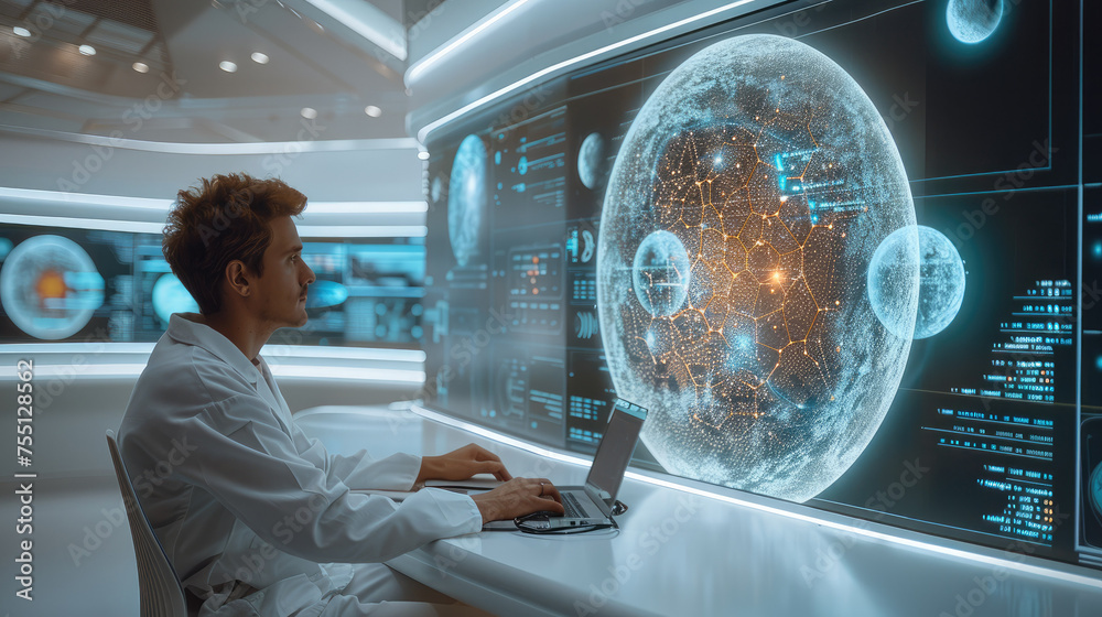 Poster A researcher sitting in a modern high-tech laboratory, intensely focused on a large screen displaying complex quantum computing algorithms. Generative AI.