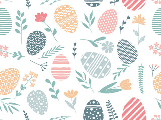 Happy Easter seamless Pattern. Colorful Easter Eggs, plant and flower on white. Cute Spring Holidays Background. Elements for Design of Card, packaging, flyer, Advertising, print