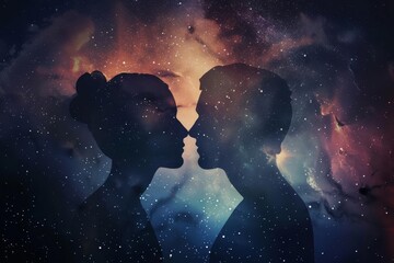 Obraz premium Cosmic love concept illustration showing silhouettes of a man and woman against a starry space background Representing soulmates and eternity
