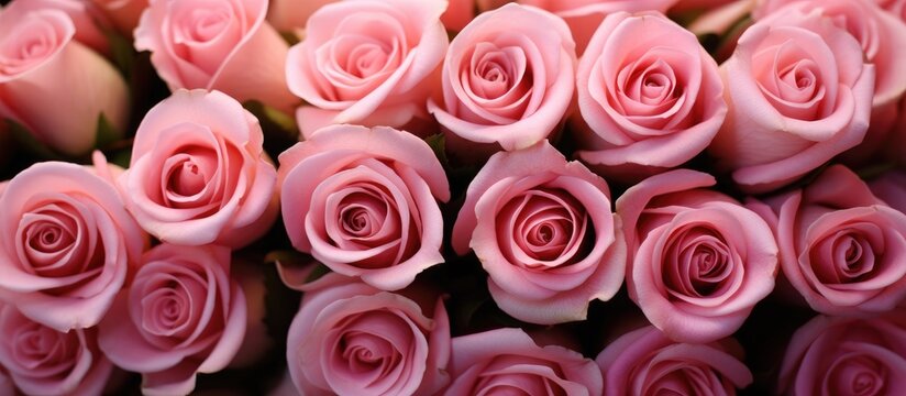 A beautiful bouquet of pink garden roses, hybrid tea roses, and other pink flowers arranged on a table, ready to be captured in a photograph