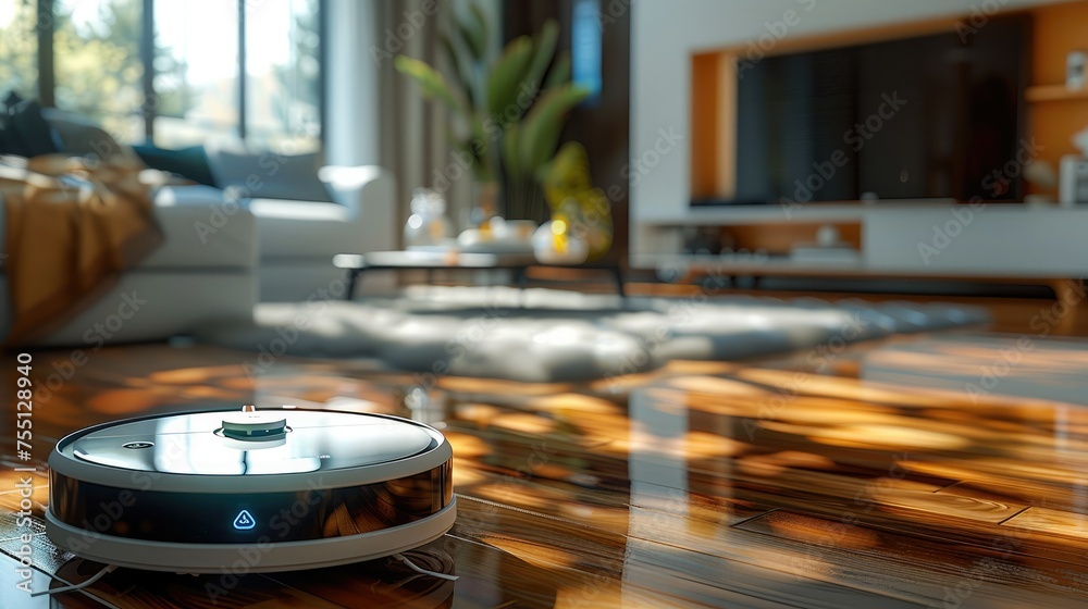 Leinwandbilder Vacuum hoover cleaning machine robot on schedule in a living room, Wireless cleaning machine robot with datum data and controls. Generative AI.