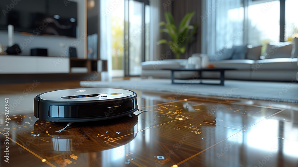 Aufkleber Vacuum hoover cleaning machine robot on schedule in a living room, Wireless cleaning machine robot with datum data and controls. Generative AI.