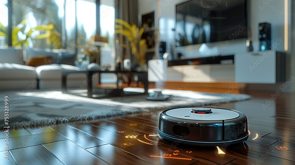 Fototapete Vacuum hoover cleaning machine robot on schedule in a living room, Wireless cleaning machine robot with datum data and controls. Generative AI.