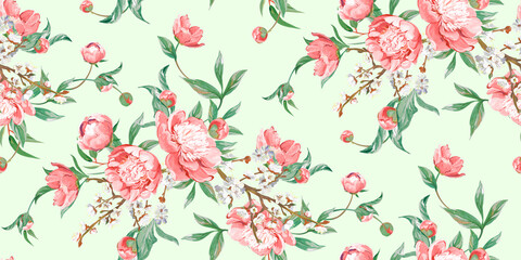 Seamless Asian oriental classical pattern drawn with pink peonies in a classic oriental style for textile