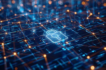 Obraz premium Cybersecurity concept with a focus on protecting digital information Featuring a lock symbol and a secure network Highlighting privacy and protection measures