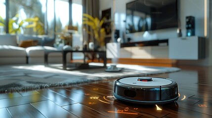 Vacuum hoover cleaning machine robot on schedule in a living room, Wireless cleaning machine robot with datum data and controls. Generative AI.