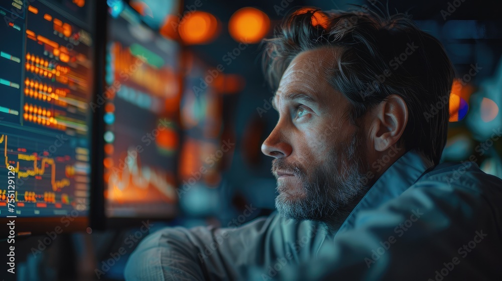 Poster a man commodity trader sitting in the room, distracted from his trading terminal, watching at the gl