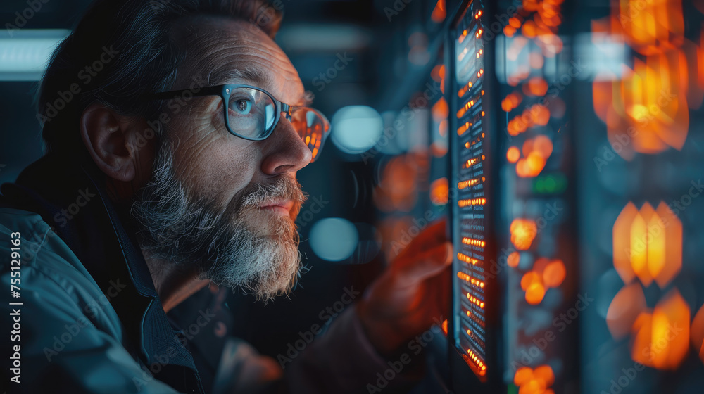 Aufkleber A man commodity trader sitting in the room, distracted from his trading terminal, watching at the glowing abacus. Generative AI.