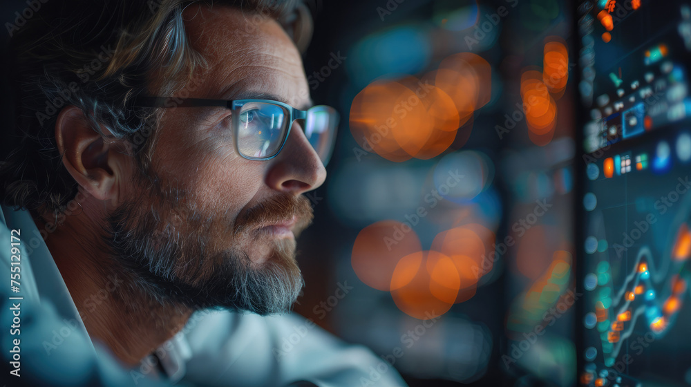 Poster A man commodity trader sitting in the room, distracted from his trading terminal, watching at the glowing abacus. Generative AI.