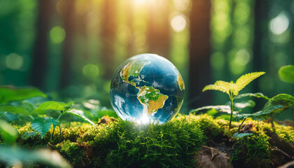 Glass globe in green forest. Transparent glass sphere. Environment conservation. Happy Earth day banner. - obrazy, fototapety, plakaty