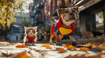 A kitten and a dog in superhero costumes stand on the street