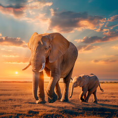 Fototapeta na wymiar Cute mother elephant and baby elephant walk through the savannah