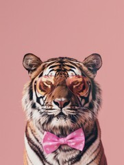 A tiger looking cool with sunglasses and a pink bow tie, adding a touch of style to its fierce appearance.
