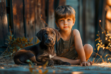 Little boy playing with a dog puppy - obrazy, fototapety, plakaty