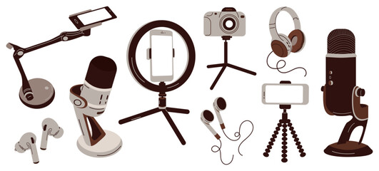 A set of content creation tools. Microphone, headphones, selfie stick, monopod, smartphone, mirror, ring lamp, tripod. Blogger set for recording videos, podcasts, photos. Vector cartoon illustration	
