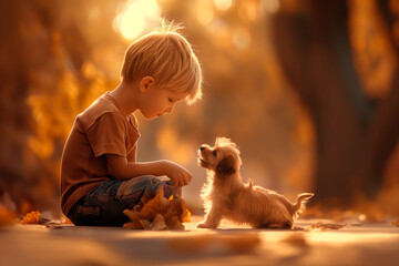 Little boy playing with a dog puppy - obrazy, fototapety, plakaty