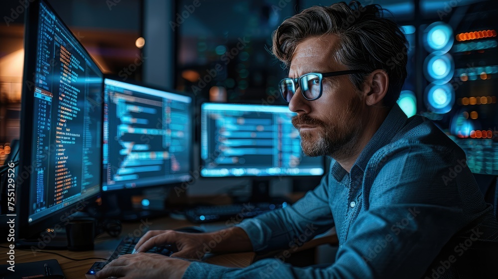 Poster A skilled software developer coding. He is working at a workstation with several monitors. Generative AI.