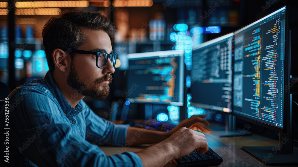 Poster A skilled software developer coding. He is working at a workstation with several monitors. Generative AI.