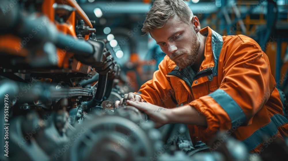 Aufkleber plant mechanic working on a tractor engine. he is wearing orange high visibility overalls. generativ