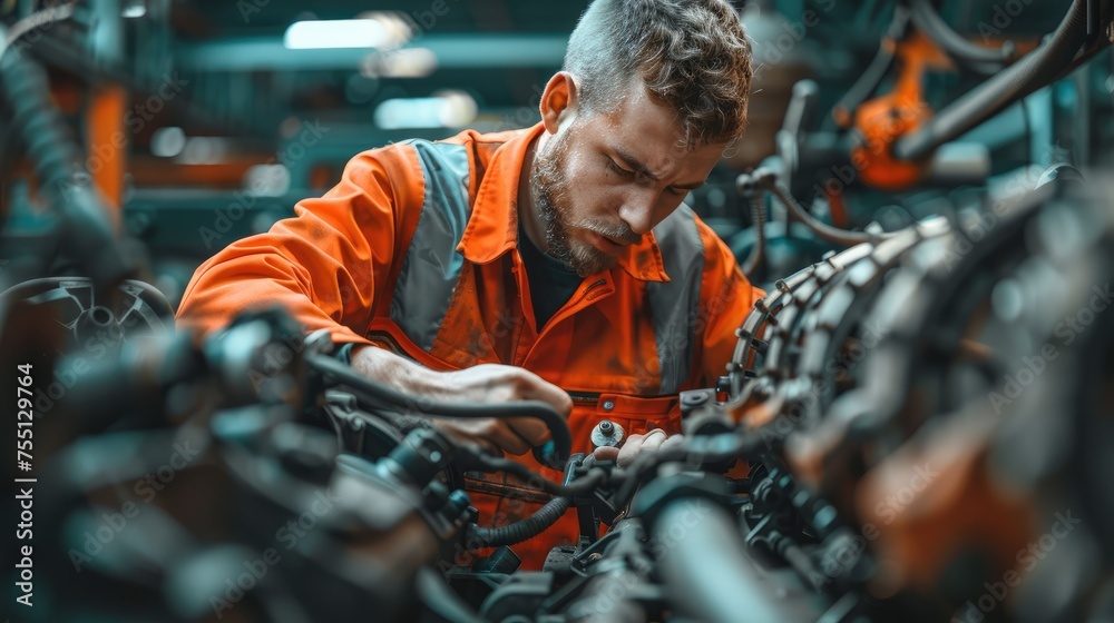Poster plant mechanic working on a tractor engine. he is wearing orange high visibility overalls. generativ