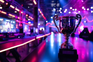Esports championship arena filled with excitement Featuring a trophy on stage and gamers ready for competition under neon lights