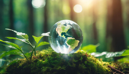 Obraz na płótnie Canvas Glass globe in green forest. Transparent glass sphere. Environment conservation. Happy Earth day banner.