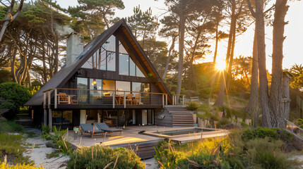 A-frame homes designed with sustainability and coastal conservation in mind, featuring eco-friendly building materials, rainwater harvesting systems, and low-impact designs to preserve fragile coastal - Powered by Adobe