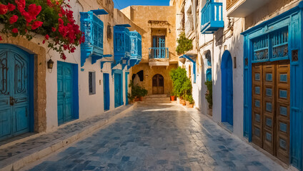 Beautiful street in summer in Hammamet Tunisia historical - obrazy, fototapety, plakaty