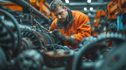 Plant mechanic working on a tractor engine. He is wearing orange high visibility overalls....