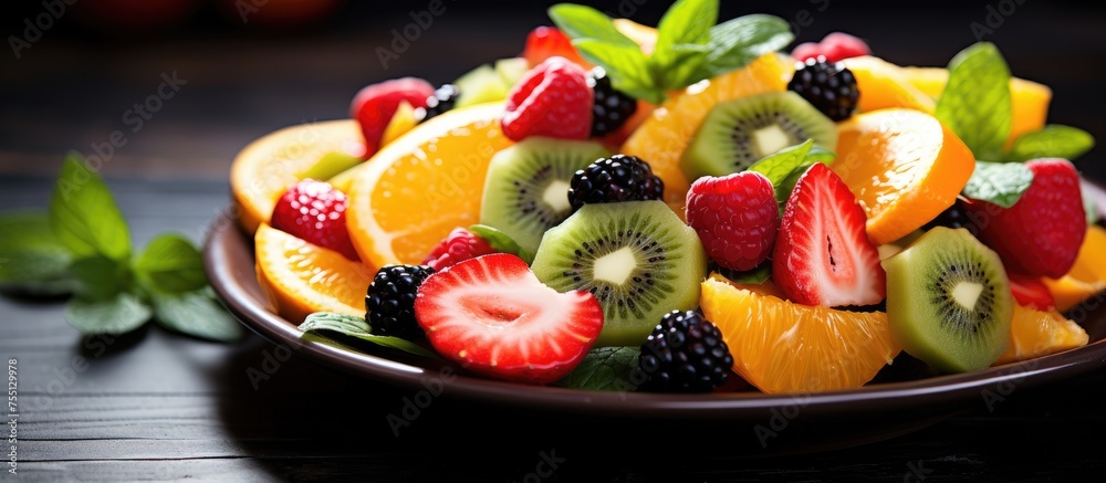 Sticker A closeup shot of a colorful plate of fruit salad, showcasing a vibrant mix of fresh ingredients like strawberries and other superfoods, perfect for a healthy dish