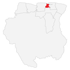 Map of Suriname with capital city Paramaribo