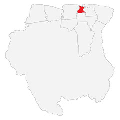 Map of Suriname with capital city Paramaribo