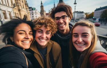 Diverse friend group taking a selfie.