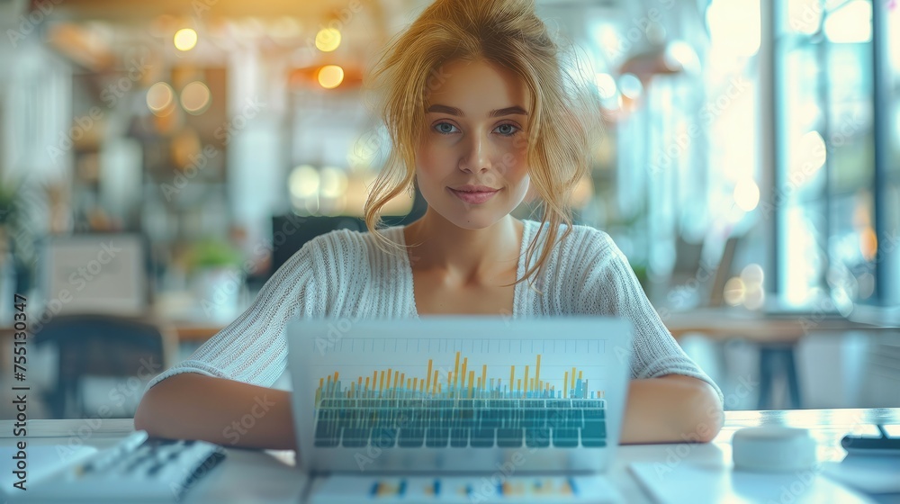Fototapete a woman typing on a laptop with a visible increase in website traffic with marketing materials and c