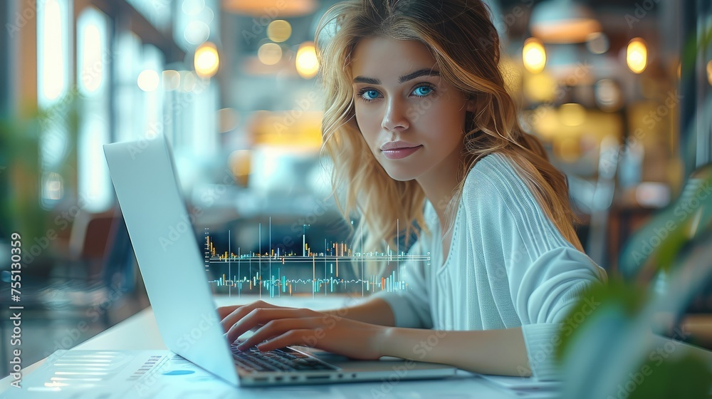 Fototapete A woman typing on a laptop with a visible increase in website traffic with marketing materials and computer equipment. Casual office setting. Generative AI.