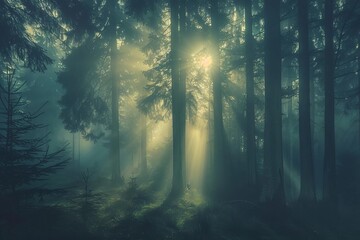 Misty forest at dawn With rays of sunlight piercing through the trees Creating a tranquil and...