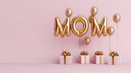 minimal pink banner background, suitable for Mother's Day. Mom balloon word