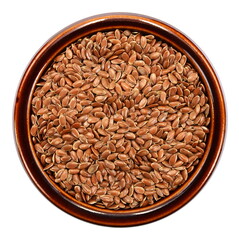 Linseed or flax seed in a bowl  in it seen from above isolated on white background
