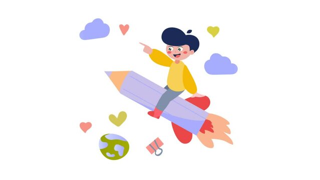 little boy riding a pencil rocket